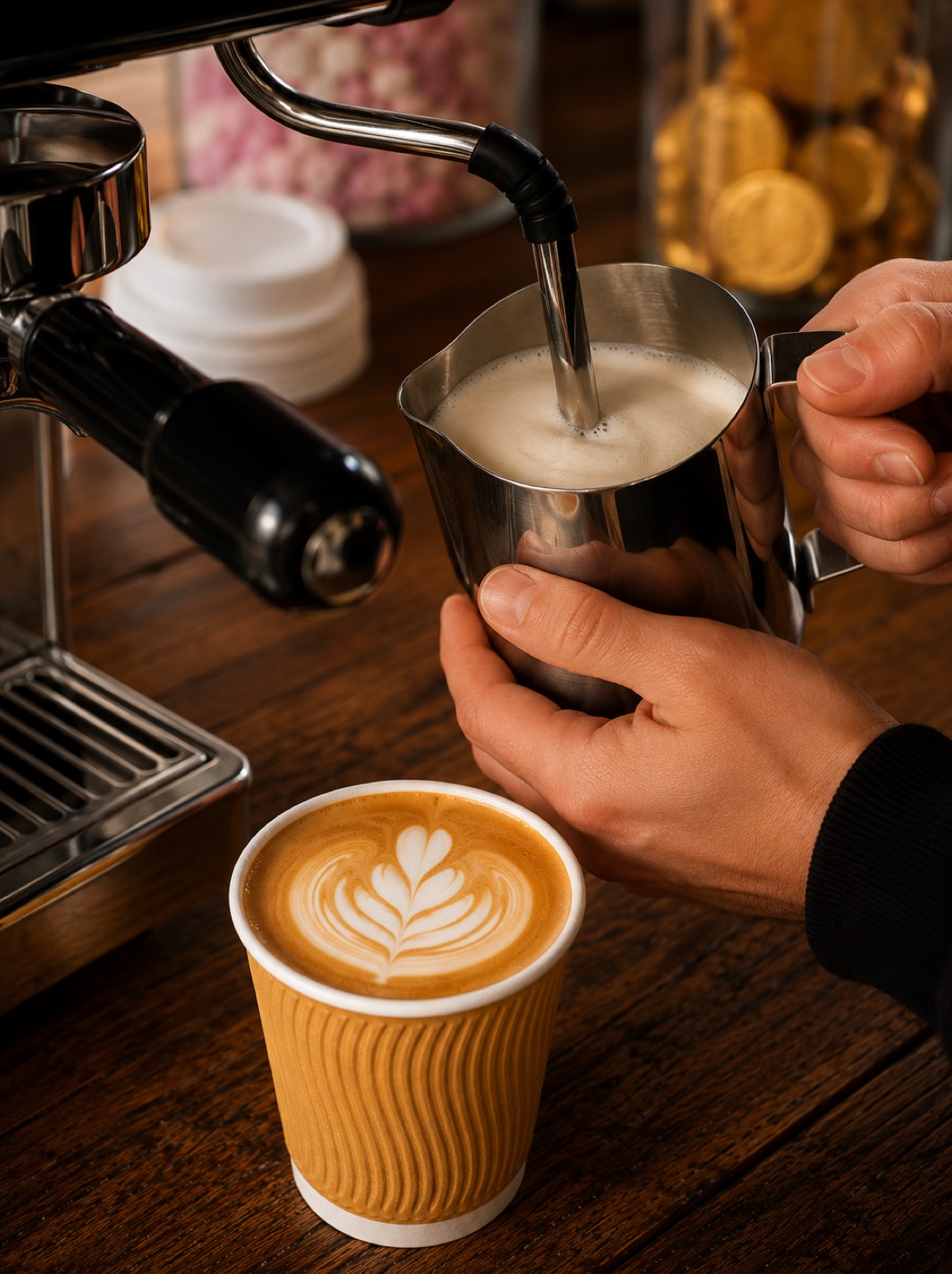 Milk being steamed for barista coffee