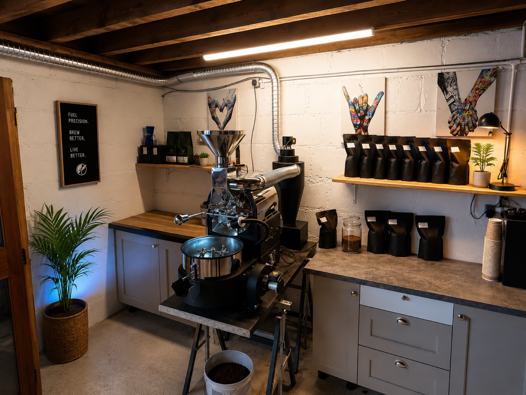 The Coffee Plant roasting room with coffee bags and equipment